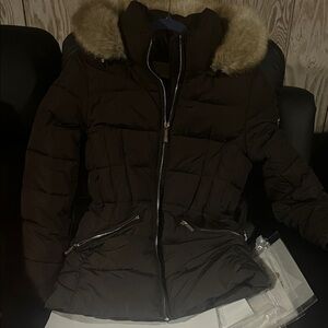 Michael Kors Chocolate Puffer Jacket with Faux Fur Hood